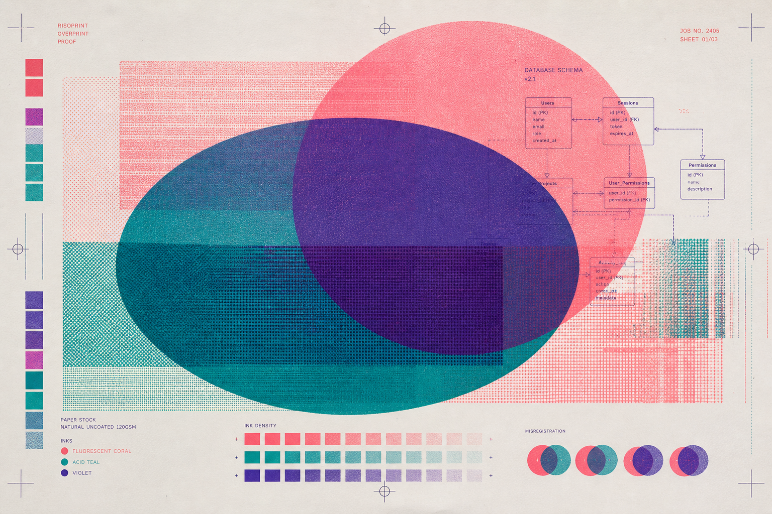 Risograph overprint proof sheet representing layered database architecture